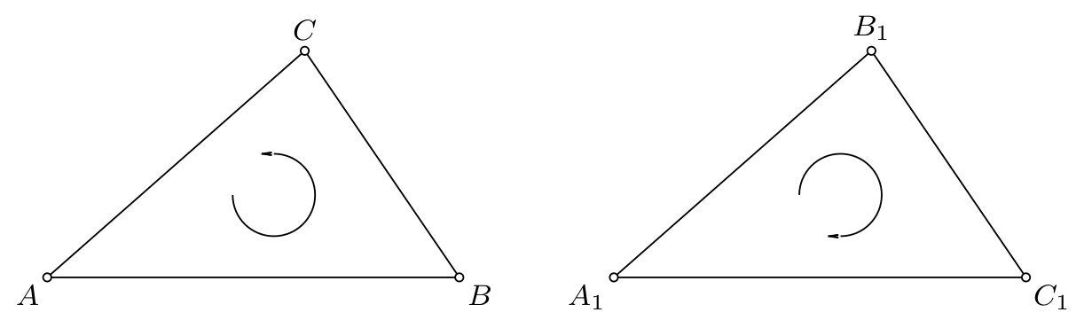 Slika 9: (a) Trougao ABC ima matematički pozitivnu orijentaciju. (b) Trougao A_1B_1C_1 ima matematički negativnu orijentaciju.